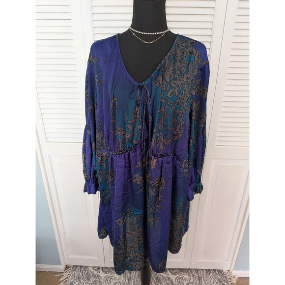 Evolution by JMS Top Womens 4X Purple Blue Paisley Peasant Boho Silky Blouse V - Picture 1 of 12